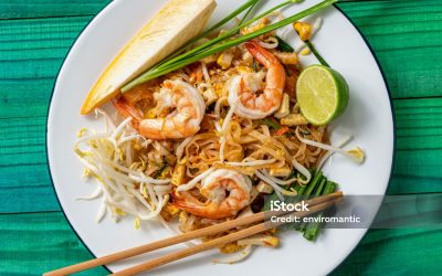 Prawn Pad Thai noodles with chopsticks. Prawn Pad Thai Noodles are a world-famous delicacy, here, this colorful traditional dish is photographed directly above on a round enameled metal white dish, with various condiments on the plate that are normally eaten together with the Pad Thai noodles. These condiments featured here are a raw banana flower, chives, bean shoots, and fresh lime. Sprinkling dried chili powder, sugar, and crushed peanuts on the dish is also very popular. This makes for a great color contrast composition with the dish set on an abstract, colorful, vibrant, worn, turquoise colored wood panel table background.